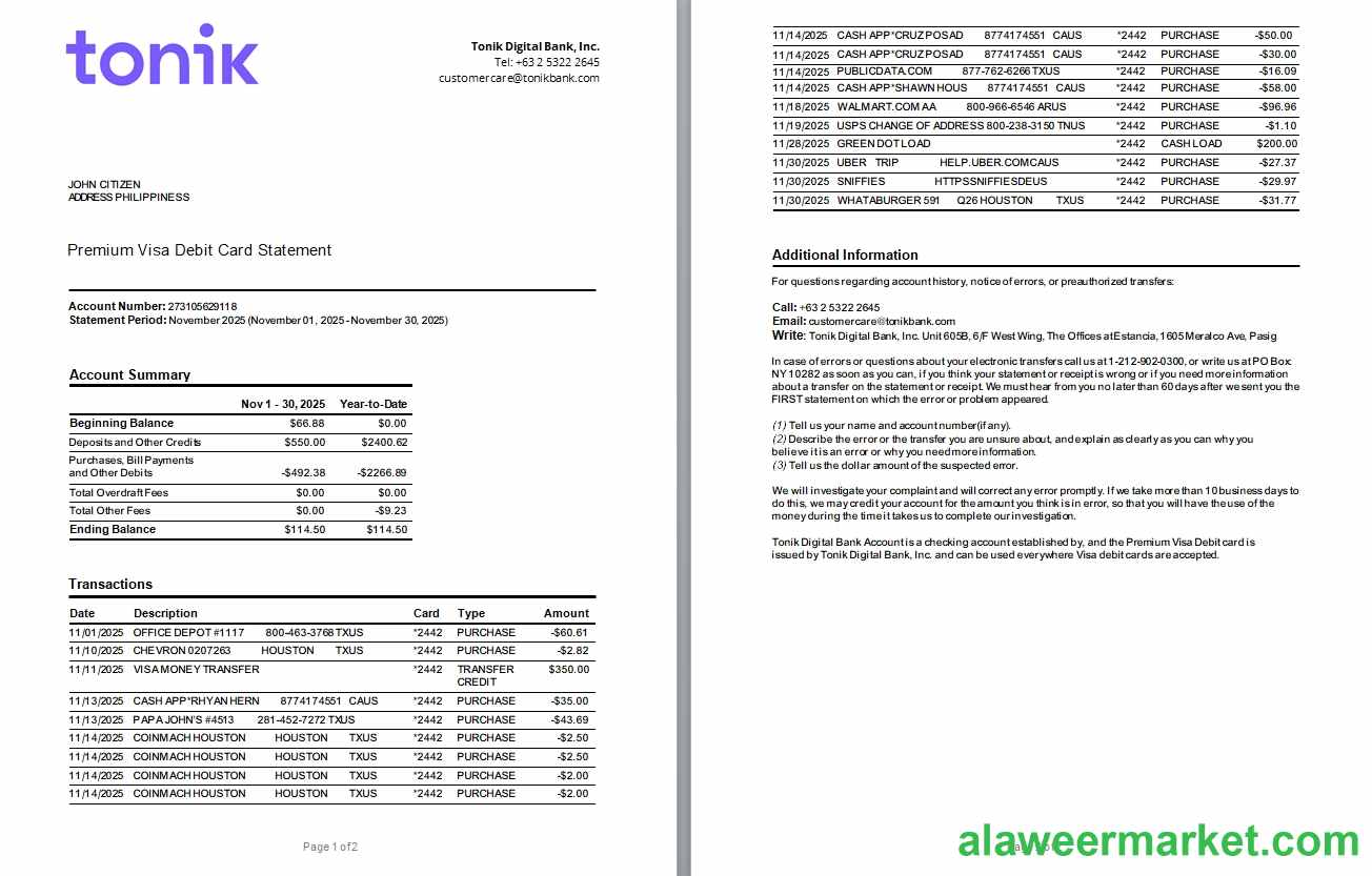 Philippines Tonik bank Premium Visa Debit Card statement Word and PDF template scr, 2 pages
